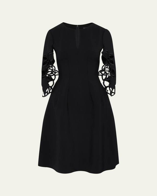 Lace Embroidered Three-Quarter Sleeve Wool Dress
